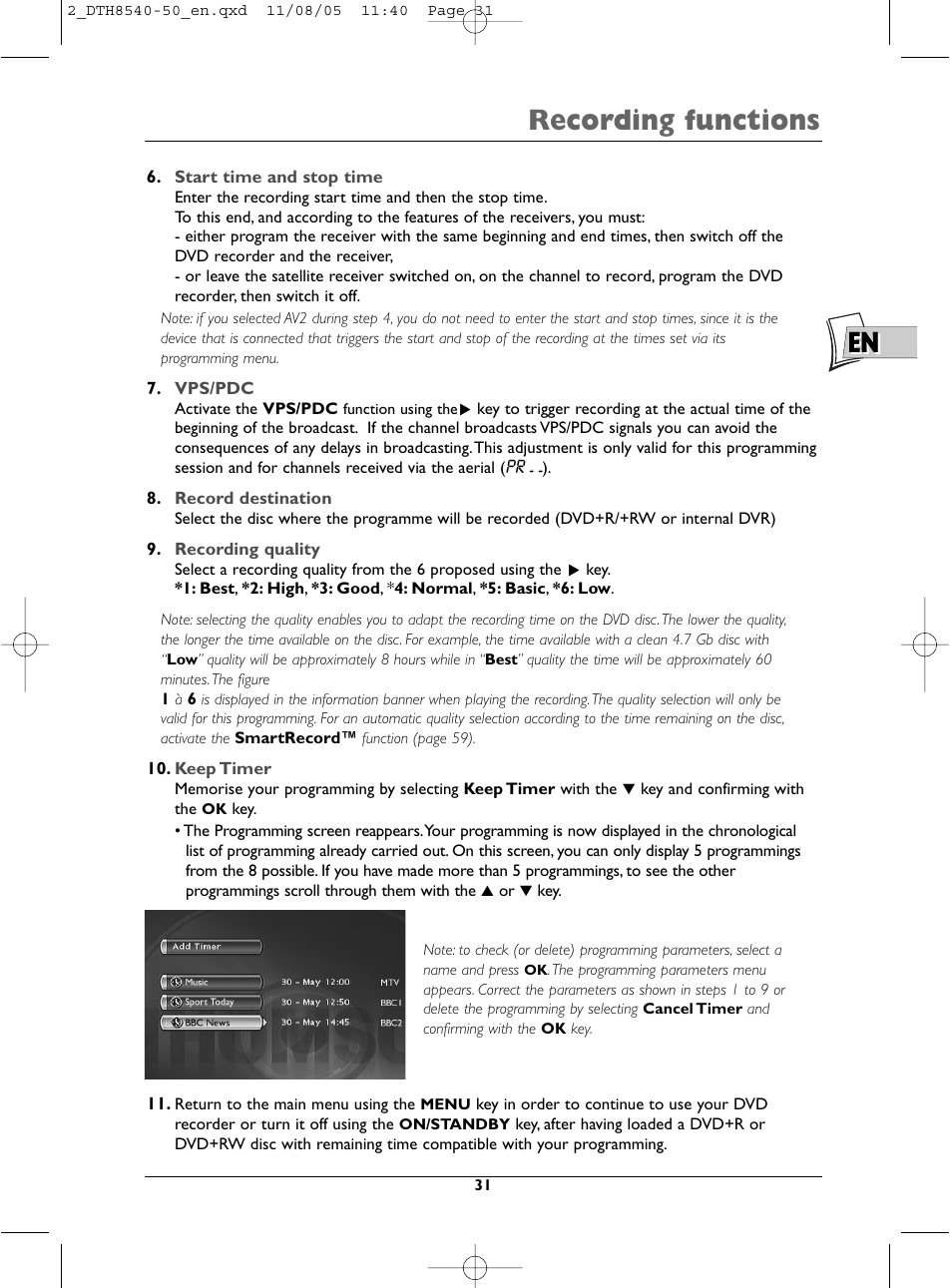 Recording functions | Technicolor - Thomson DTH 8540 User Manual | Page 31 / 75