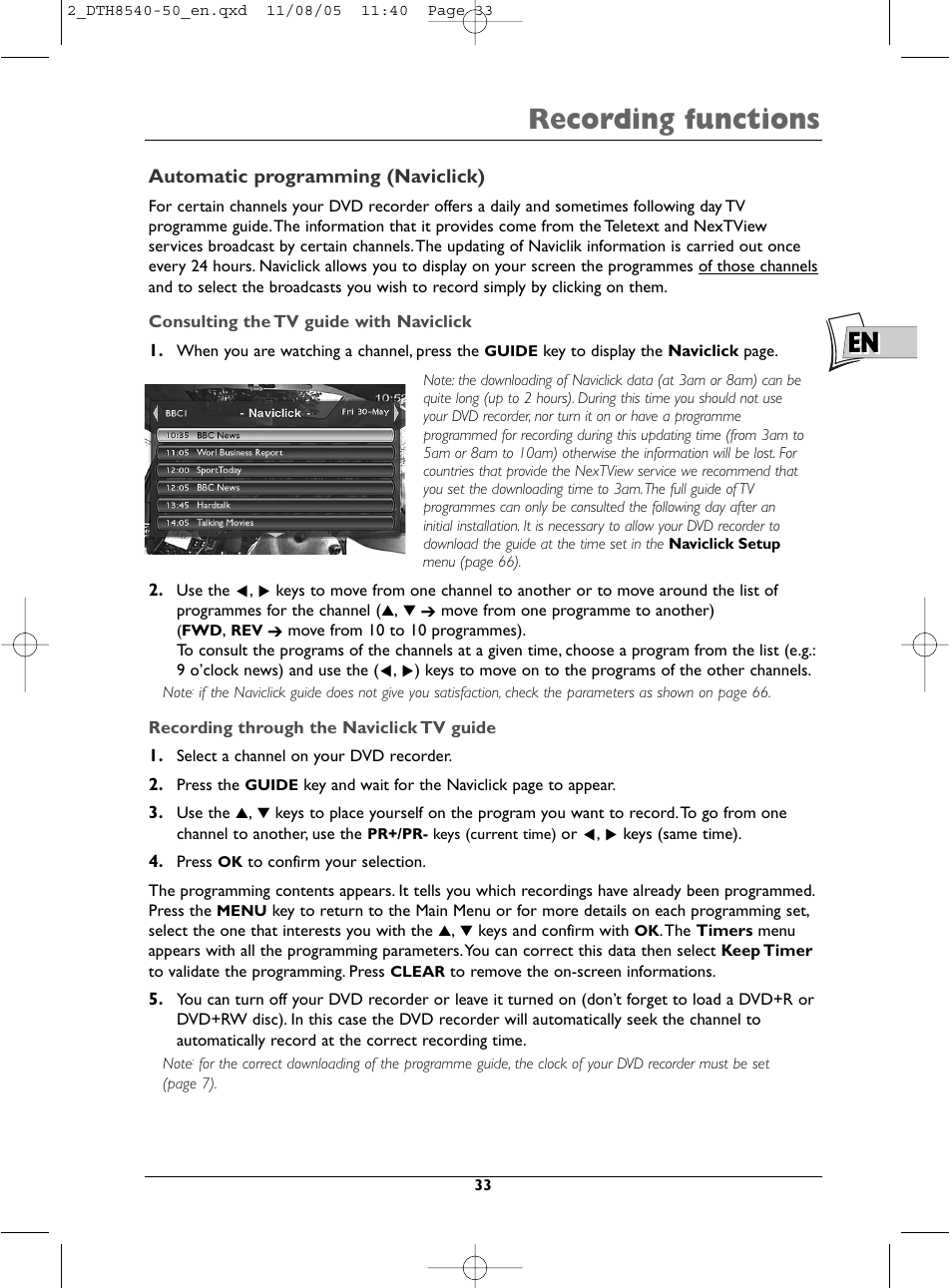 Recording functions | Technicolor - Thomson DTH 8540 User Manual | Page 33 / 75