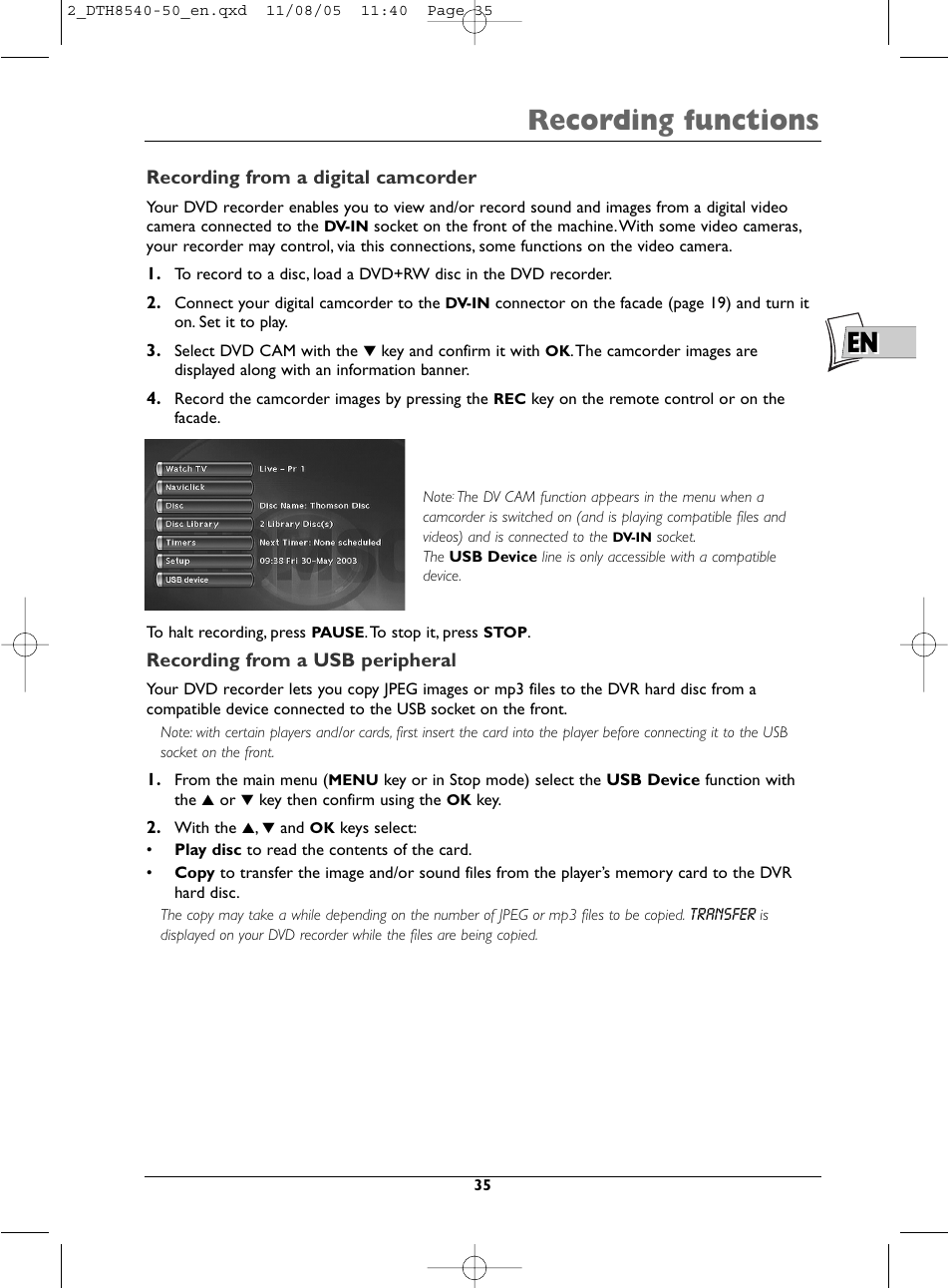 Recording functions | Technicolor - Thomson DTH 8540 User Manual | Page 35 / 75