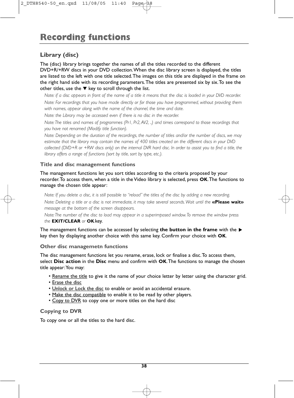 Recording functions | Technicolor - Thomson DTH 8540 User Manual | Page 38 / 75