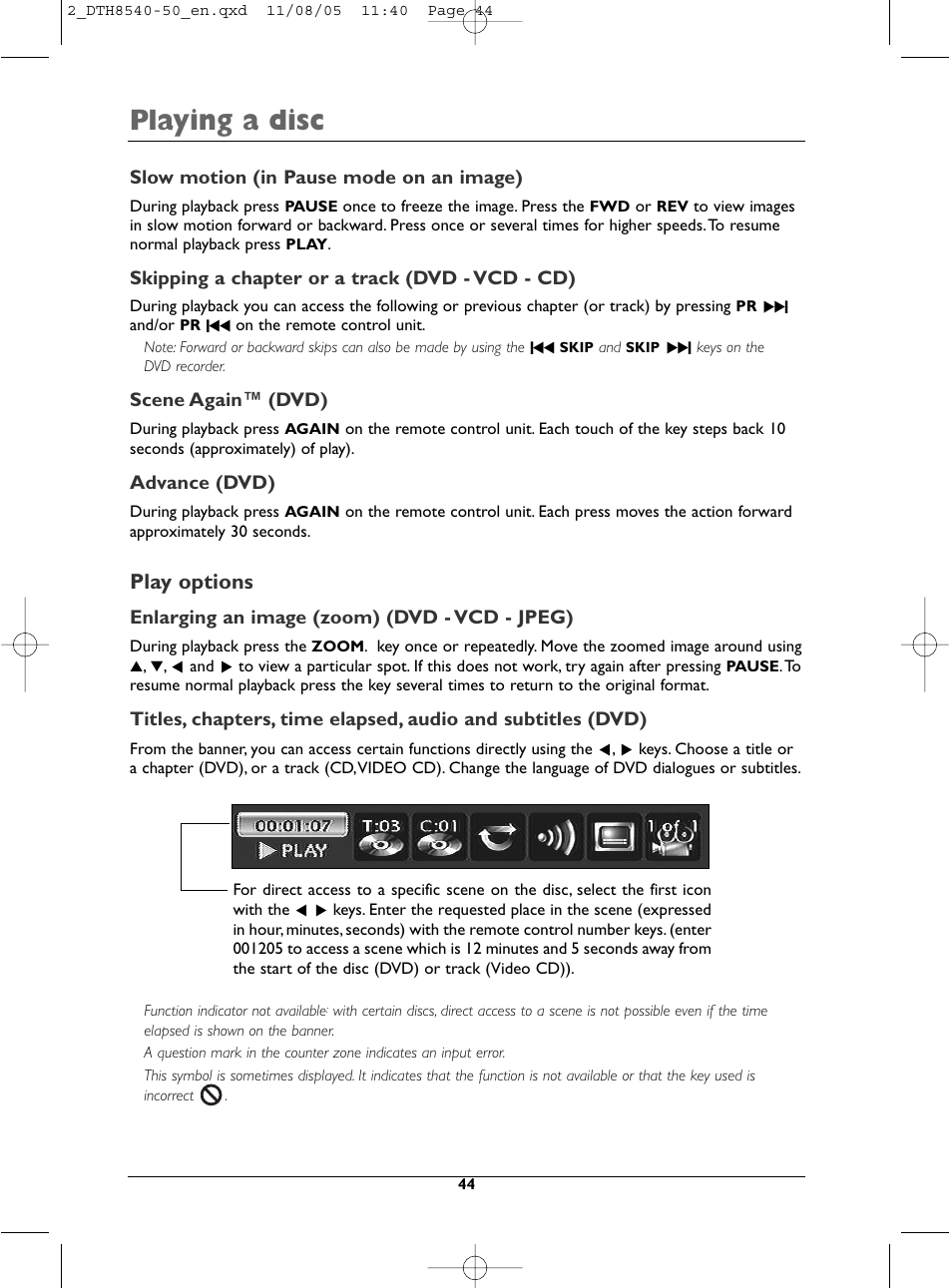 Playing a disc, Play options | Technicolor - Thomson DTH 8540 User Manual | Page 44 / 75