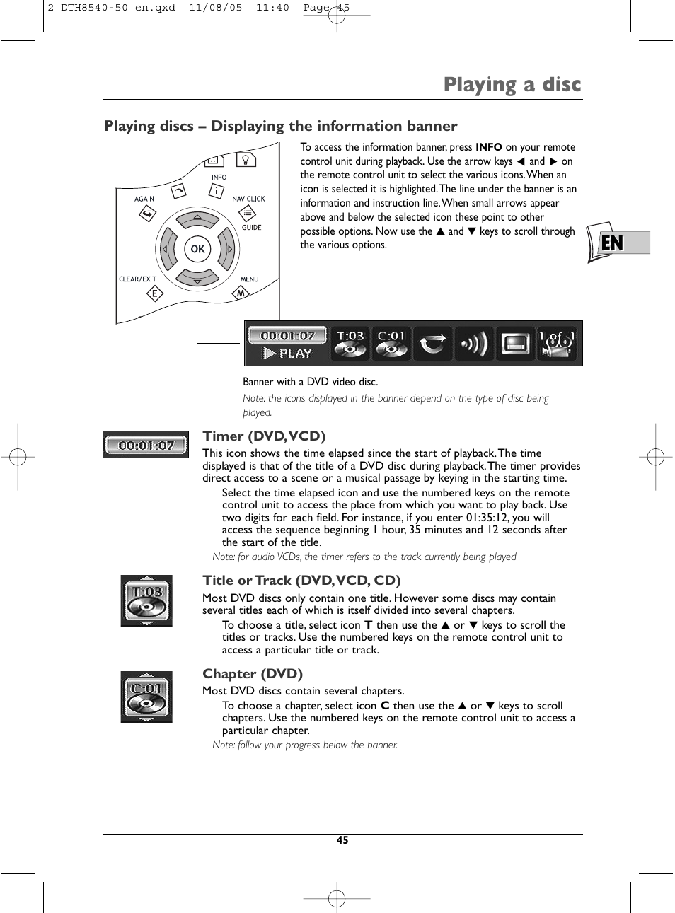 Playing a disc, Playing discs – displaying the information banner | Technicolor - Thomson DTH 8540 User Manual | Page 45 / 75