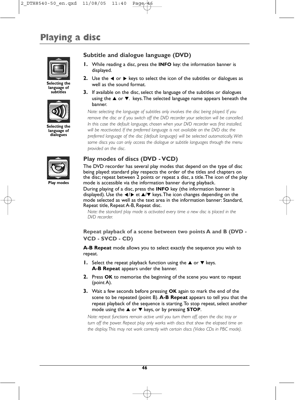 Playing a disc | Technicolor - Thomson DTH 8540 User Manual | Page 46 / 75