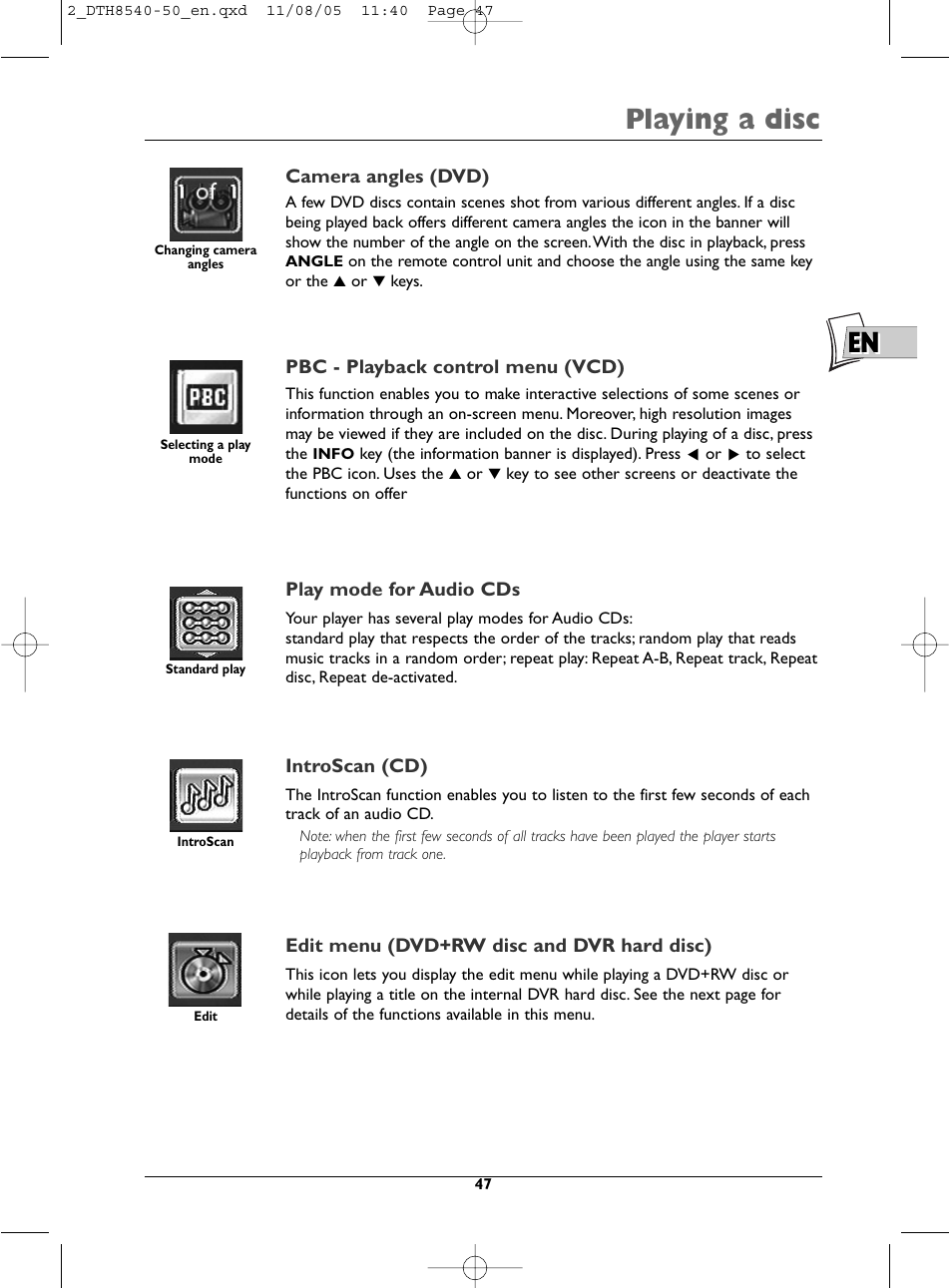 En playing a disc | Technicolor - Thomson DTH 8540 User Manual | Page 47 / 75