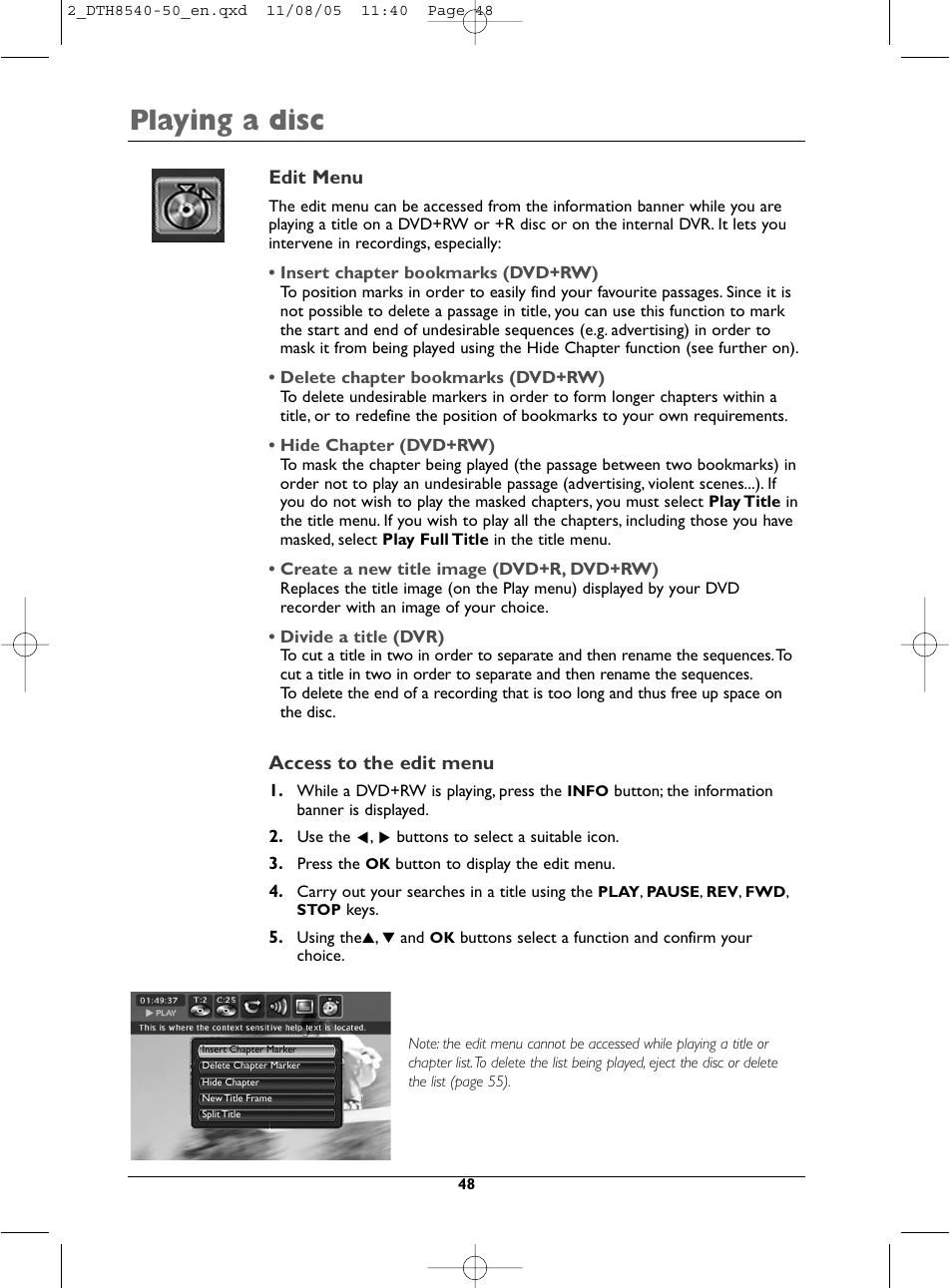 Playing a disc | Technicolor - Thomson DTH 8540 User Manual | Page 48 / 75