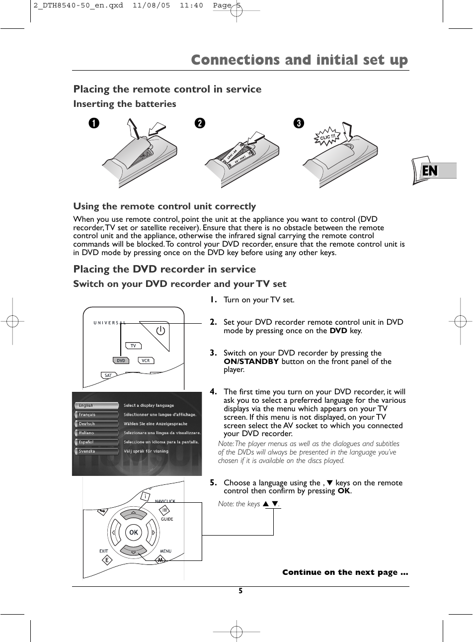 En connections and initial set up | Technicolor - Thomson DTH 8540 User Manual | Page 5 / 75