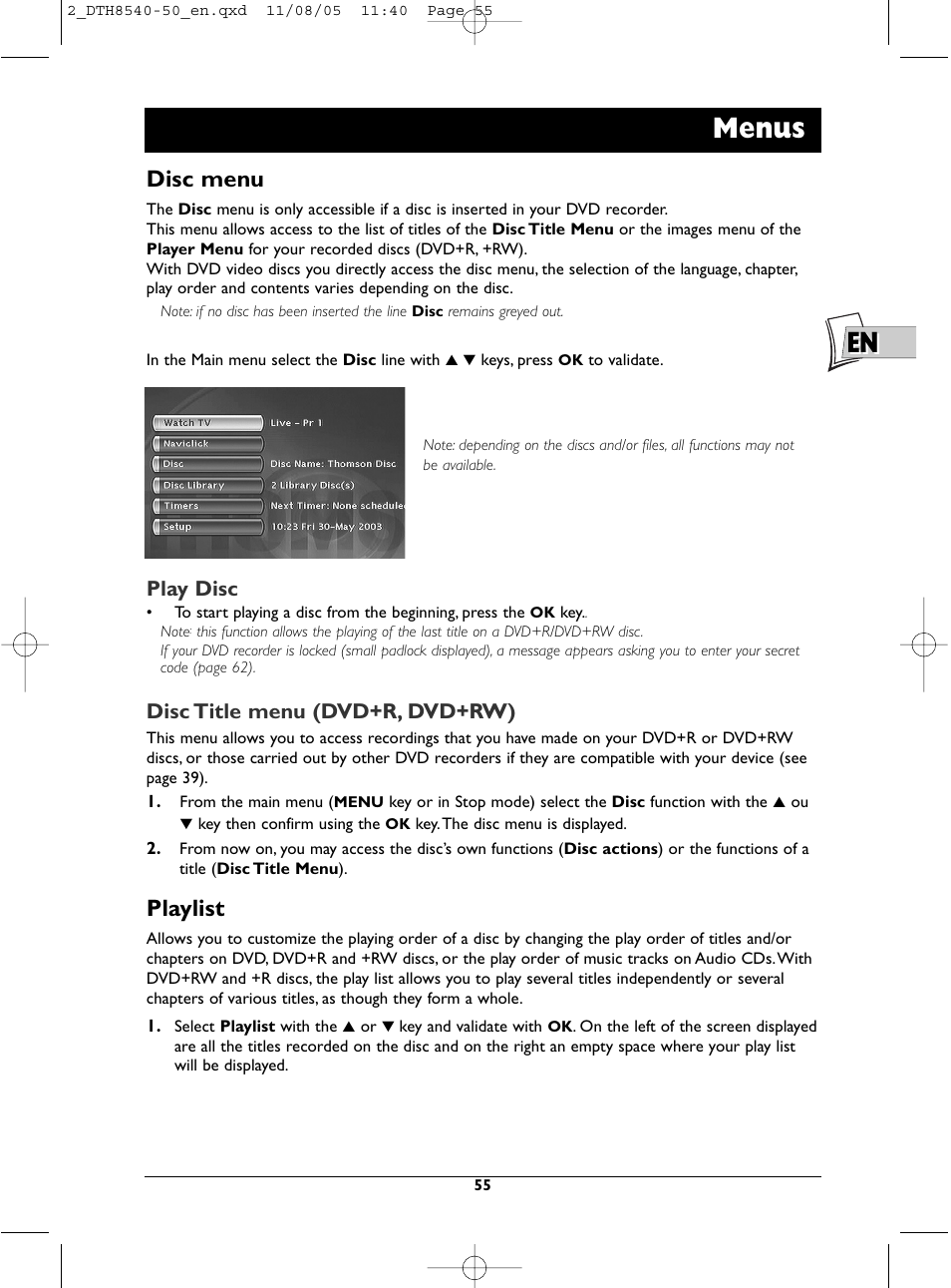 En menus, Disc menu, Playlist | Play disc, Disc title menu (dvd+r, dvd+rw) | Technicolor - Thomson DTH 8540 User Manual | Page 55 / 75