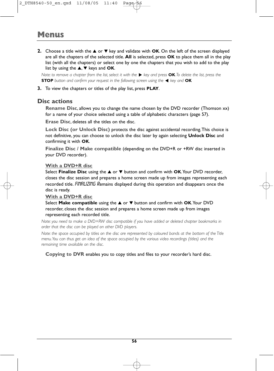 Menus, Disc actions | Technicolor - Thomson DTH 8540 User Manual | Page 56 / 75