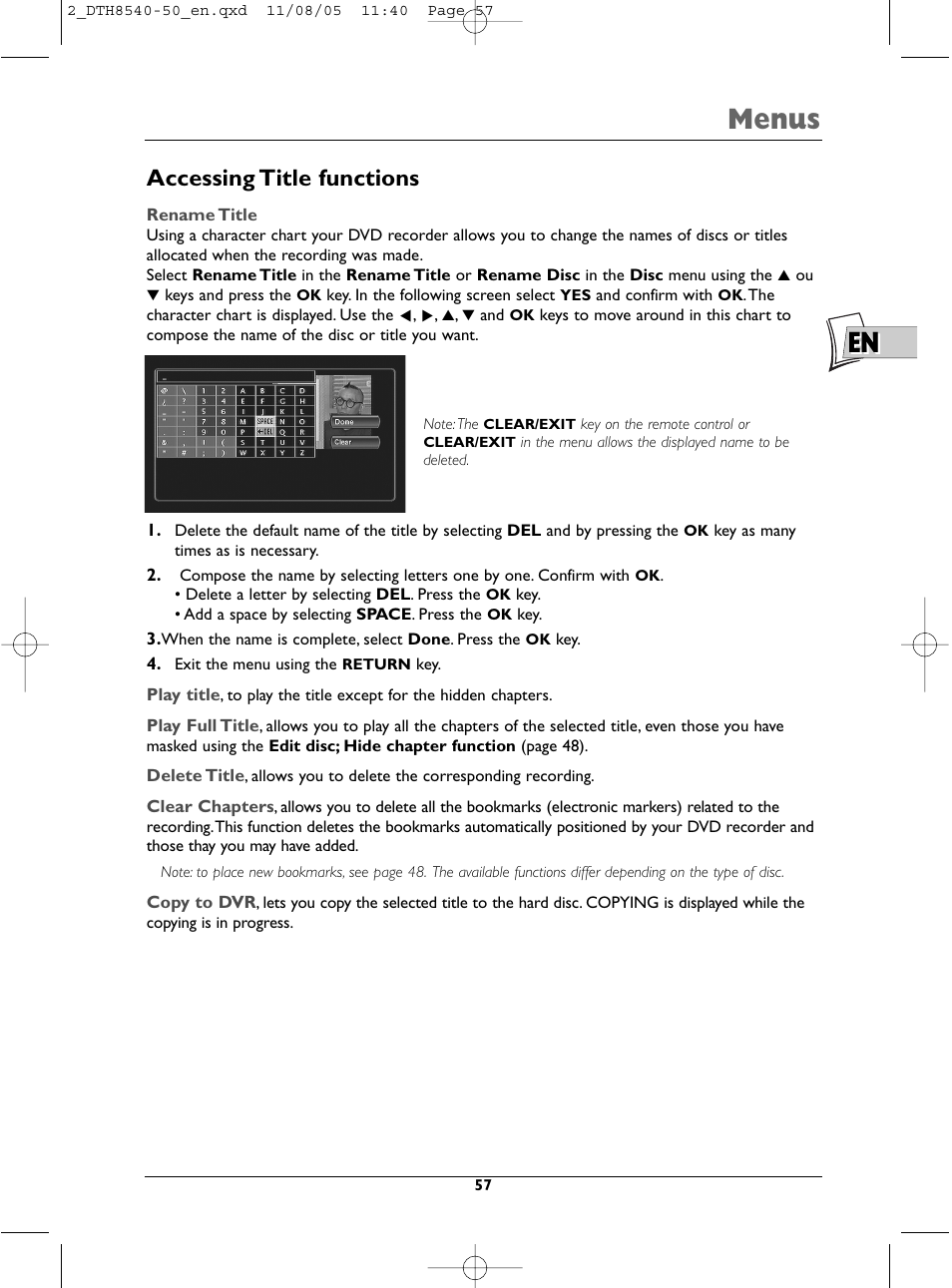 En menus, Accessing title functions | Technicolor - Thomson DTH 8540 User Manual | Page 57 / 75