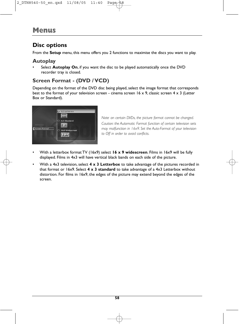 Menus, Disc options, Autoplay | Screen format - (dvd / vcd) | Technicolor - Thomson DTH 8540 User Manual | Page 58 / 75