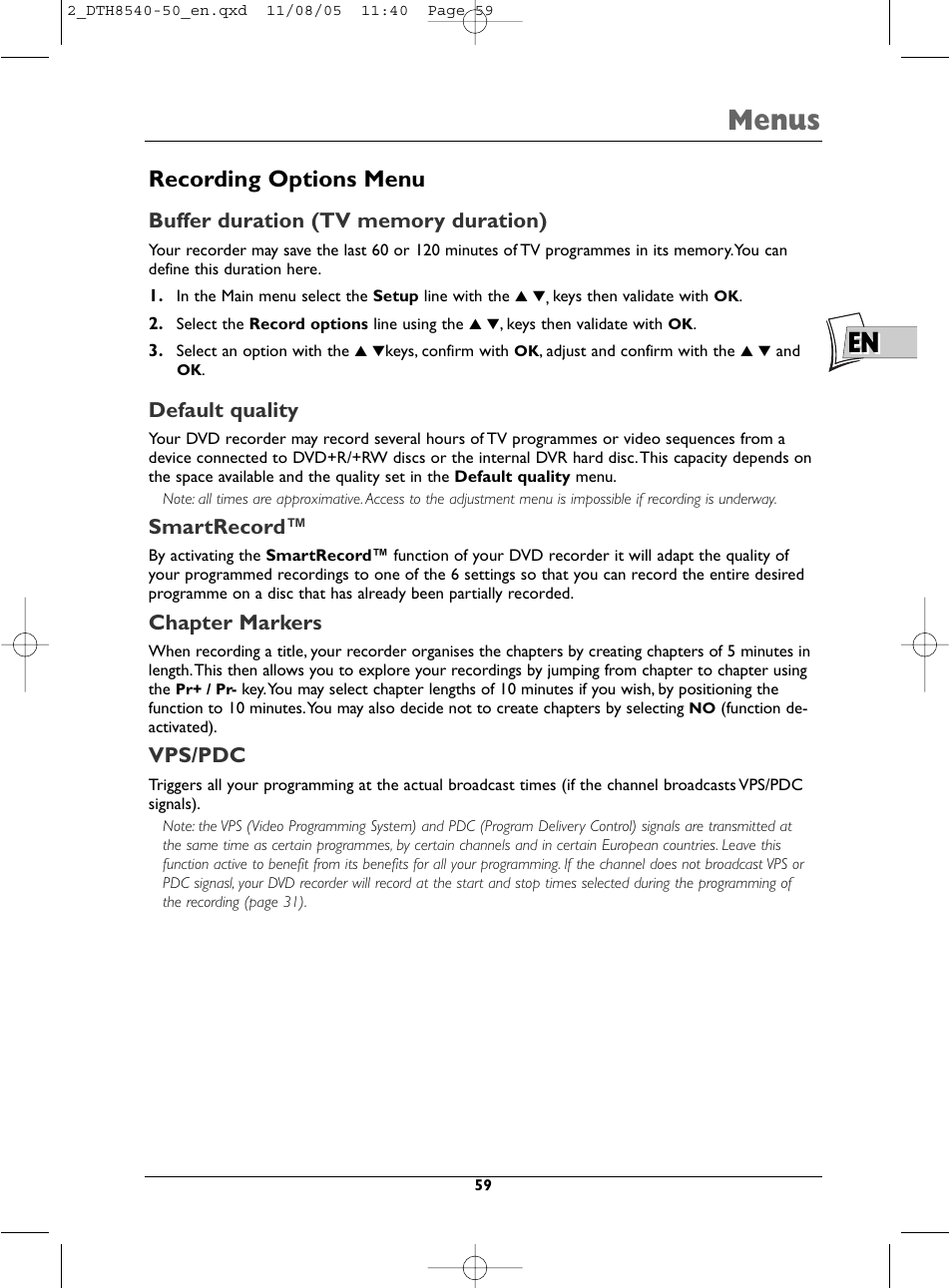 Menus, Recording options menu, Default quality | Smartrecord, Chapter markers, Vps/pdc | Technicolor - Thomson DTH 8540 User Manual | Page 59 / 75