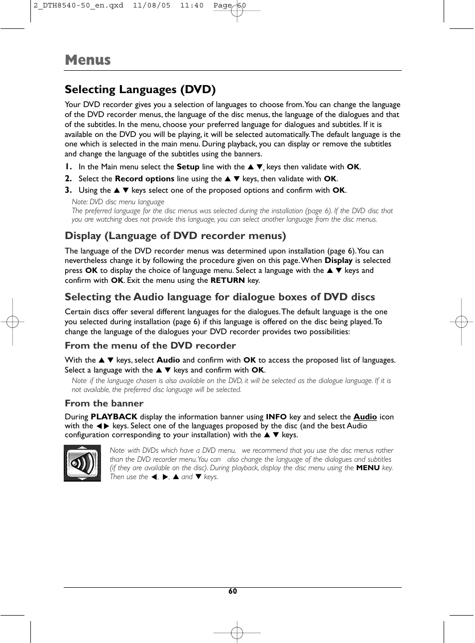 Menus, Selecting languages (dvd), Display (language of dvd recorder menus) | Technicolor - Thomson DTH 8540 User Manual | Page 60 / 75