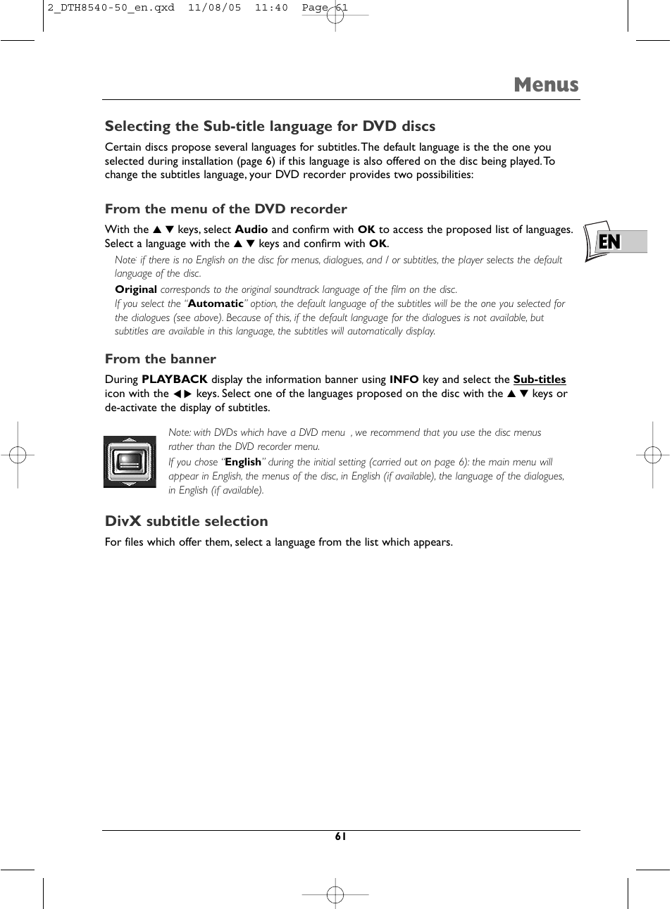 En menus, Selecting the sub-title language for dvd discs, Divx subtitle selection | Technicolor - Thomson DTH 8540 User Manual | Page 61 / 75