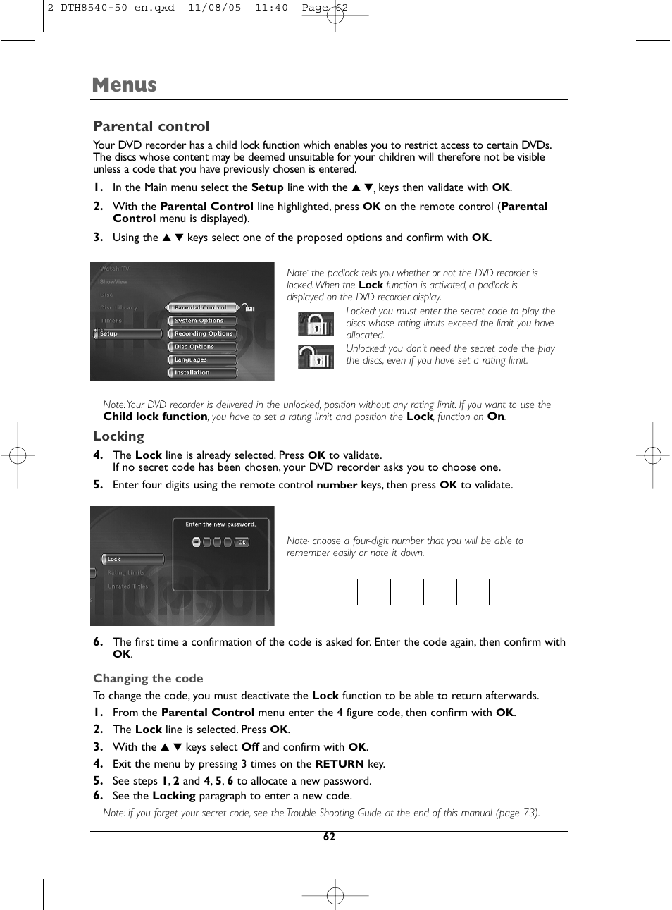 Menus, Parental control | Technicolor - Thomson DTH 8540 User Manual | Page 62 / 75