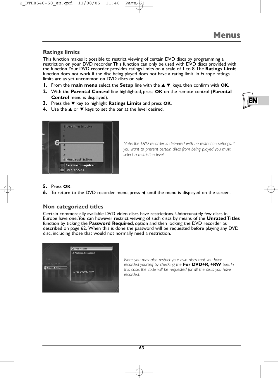 En menus | Technicolor - Thomson DTH 8540 User Manual | Page 63 / 75