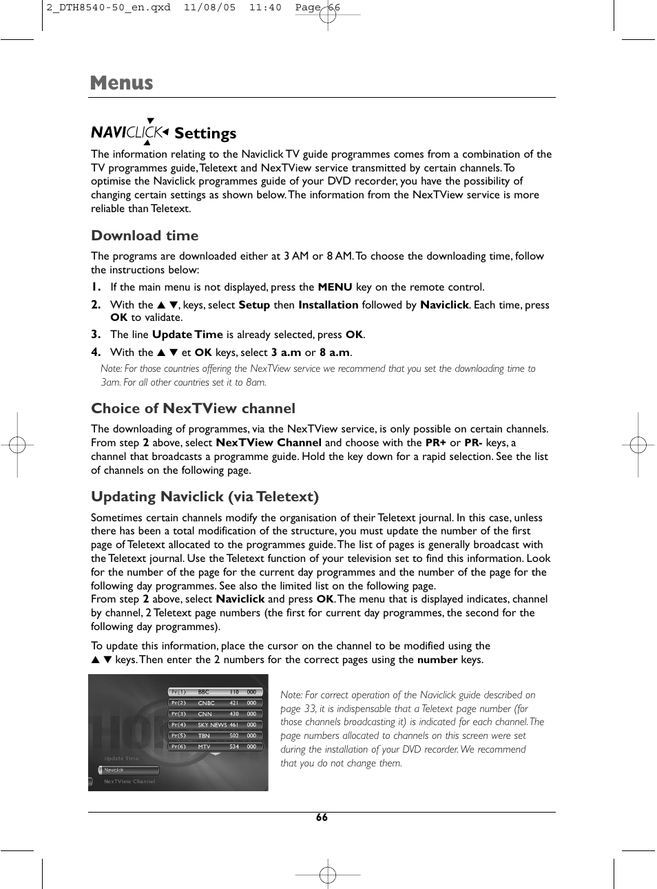 Menus, Settings, Download time | Choice of nextview channel, Updating naviclick (via teletext) | Technicolor - Thomson DTH 8540 User Manual | Page 66 / 75