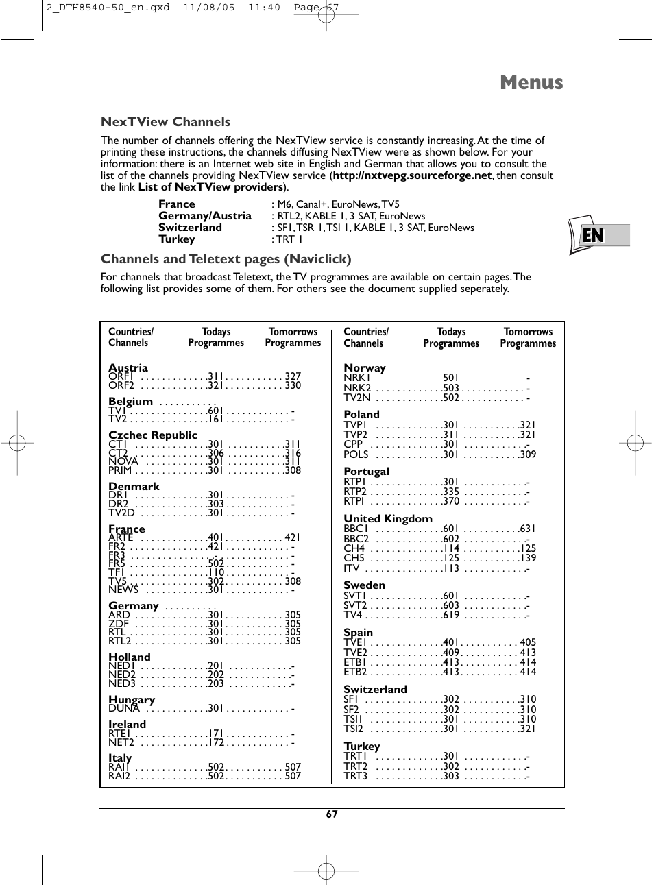 En menus | Technicolor - Thomson DTH 8540 User Manual | Page 67 / 75