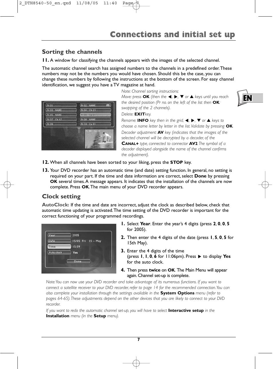 Connections and initial set up, Sorting the channels, Clock setting | Technicolor - Thomson DTH 8540 User Manual | Page 7 / 75