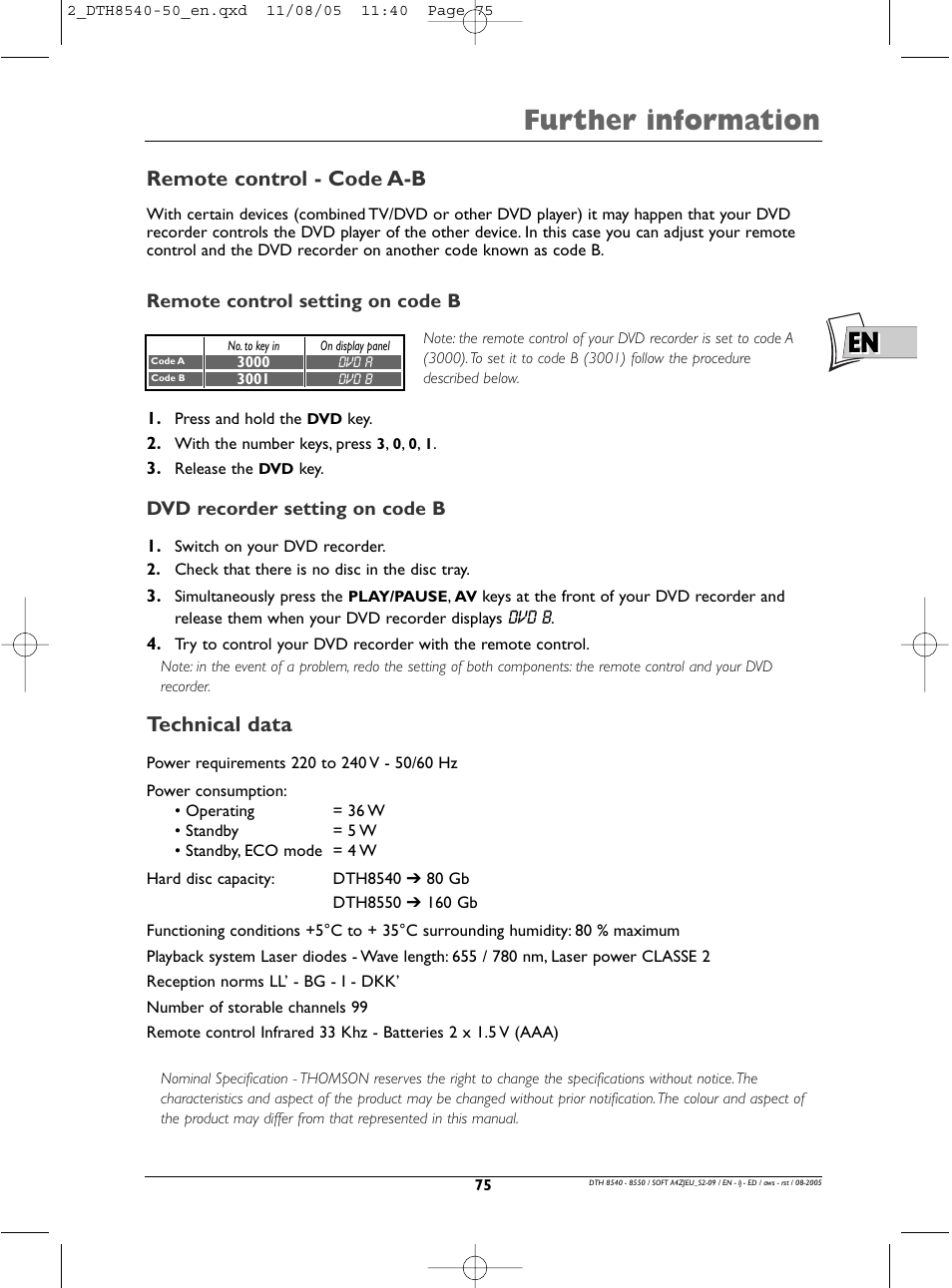 En further information, Remote control - code a-b, Technical data | Technicolor - Thomson DTH 8540 User Manual | Page 75 / 75