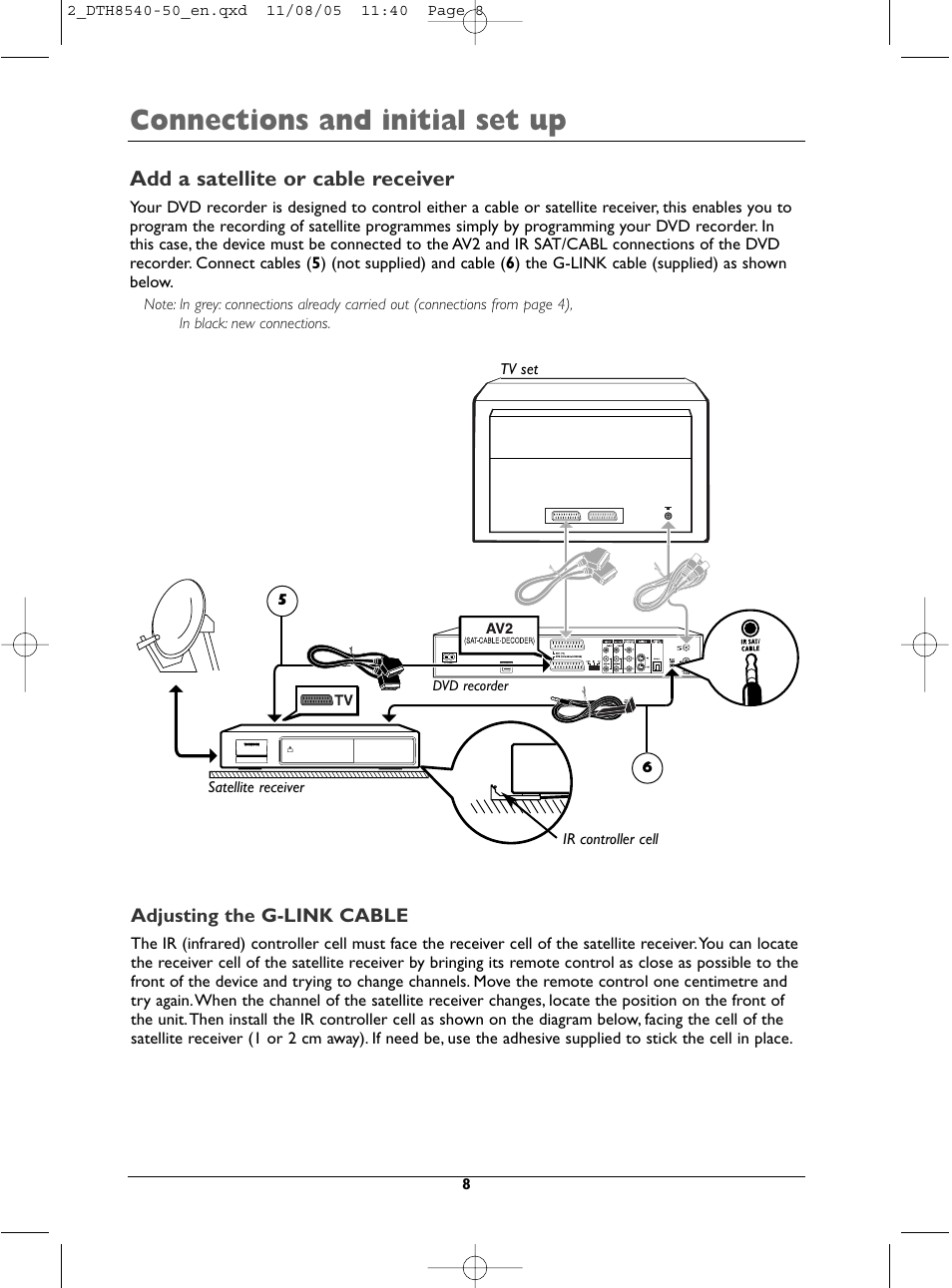 Connections and initial set up, Add a satellite or cable receiver | Technicolor - Thomson DTH 8540 User Manual | Page 8 / 75