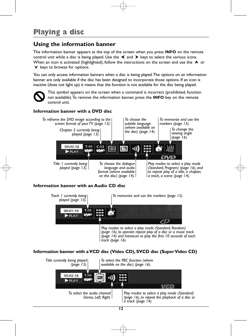 Playing a disc, Using the information banner | Technicolor - Thomson DTH231 User Manual | Page 12 / 31