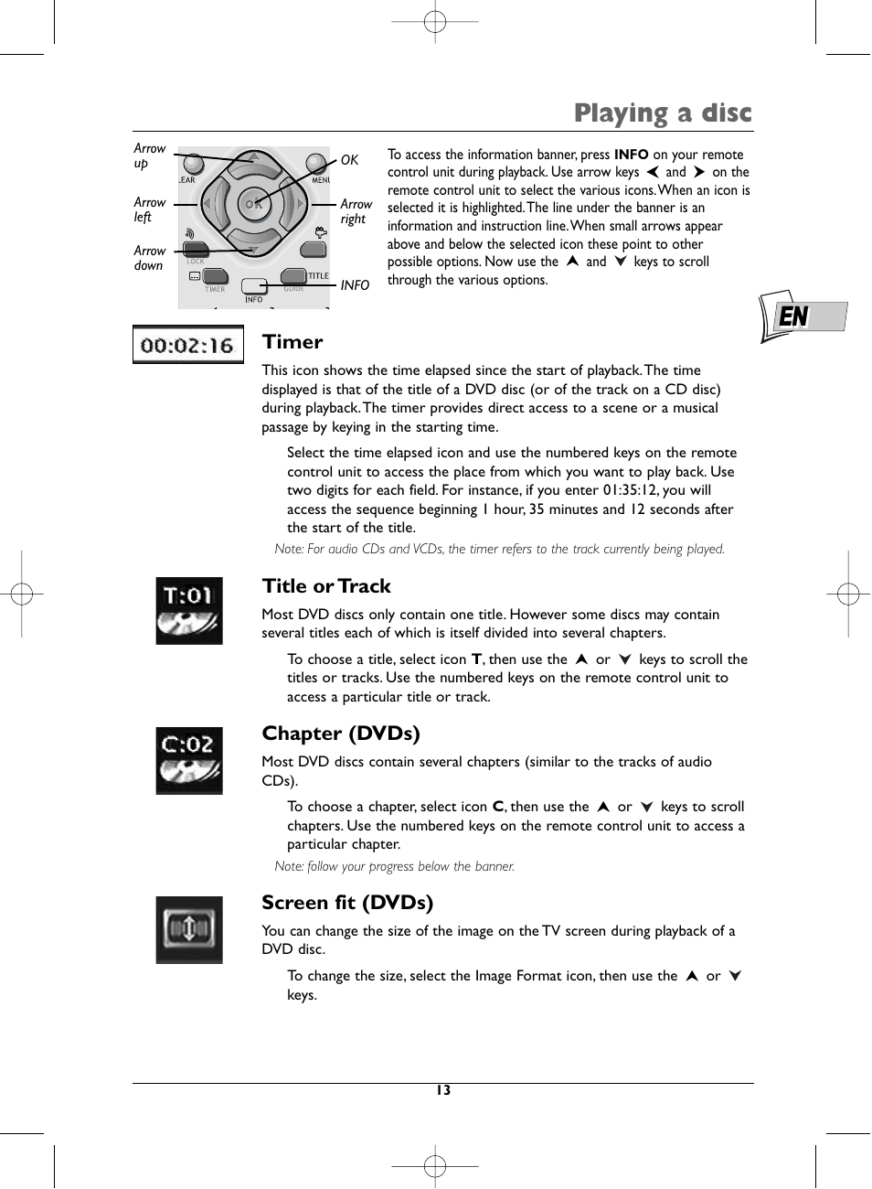 Playing a disc, Timer, Title or track | Chapter (dvds), Screen fit (dvds) | Technicolor - Thomson DTH231 User Manual | Page 13 / 31