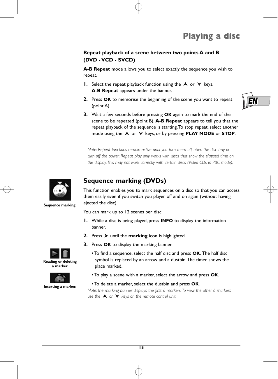 Playing a disc, Sequence marking (dvds) | Technicolor - Thomson DTH231 User Manual | Page 15 / 31