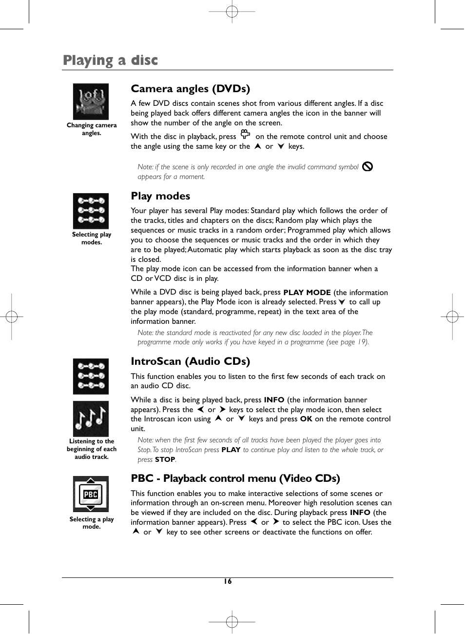 Playing a disc, Camera angles (dvds), Play modes | Introscan (audio cds), Pbc - playback control menu (video cds) | Technicolor - Thomson DTH231 User Manual | Page 16 / 31