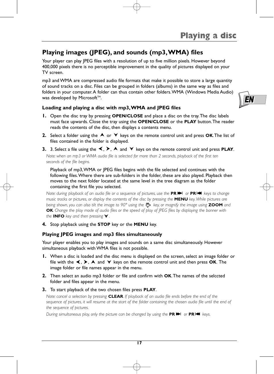 Playing a disc, Playing images (jpeg), and sounds (mp3,wma) files | Technicolor - Thomson DTH231 User Manual | Page 17 / 31