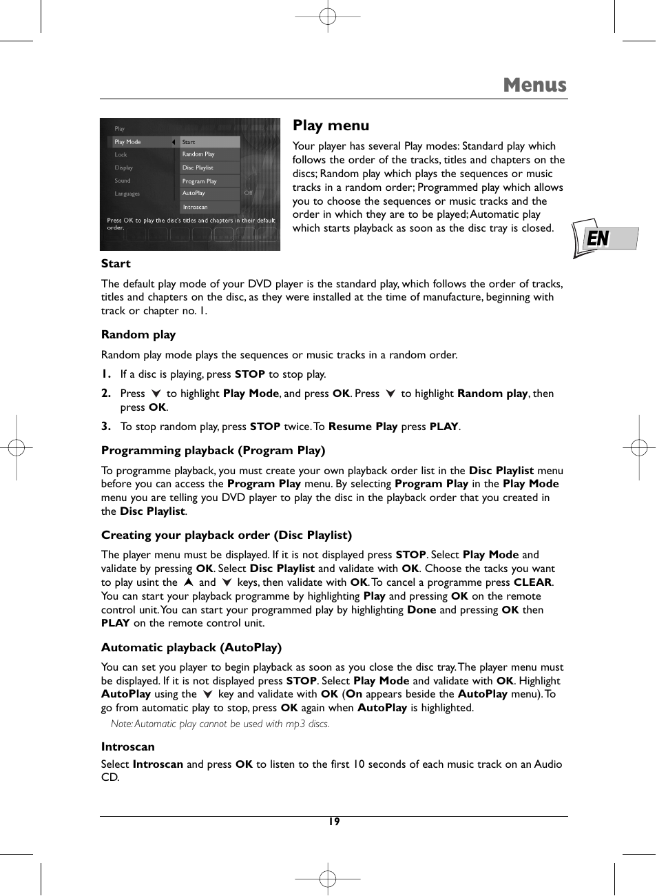 Menus, Play menu | Technicolor - Thomson DTH231 User Manual | Page 19 / 31