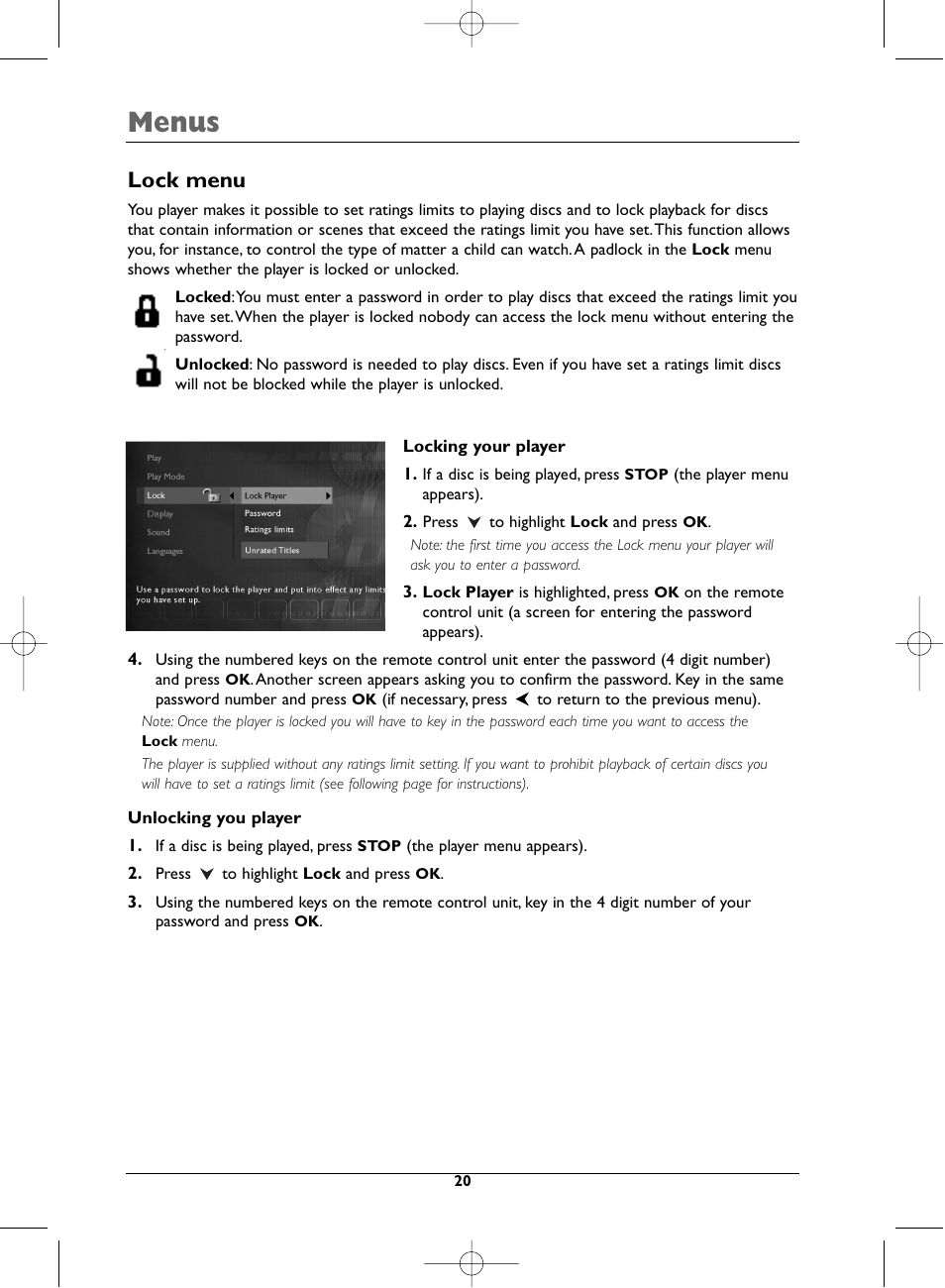 Menus, Lock menu | Technicolor - Thomson DTH231 User Manual | Page 20 / 31