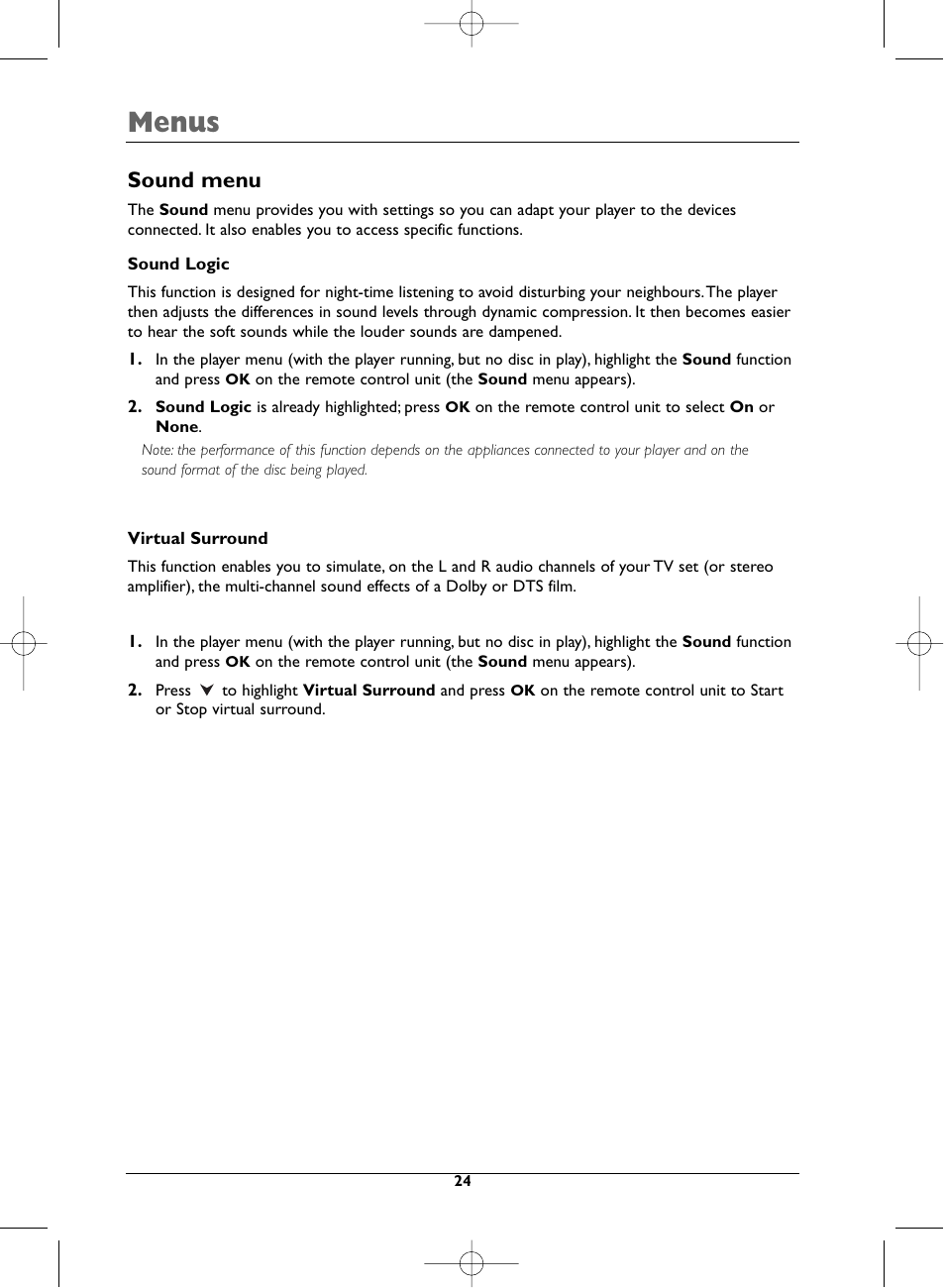 Menus, Sound menu | Technicolor - Thomson DTH231 User Manual | Page 24 / 31