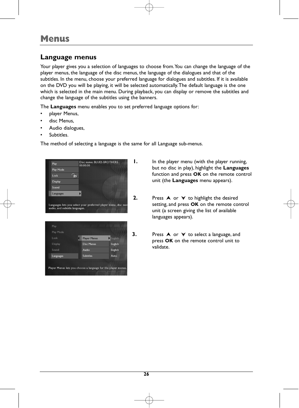 Menus, Language menus | Technicolor - Thomson DTH231 User Manual | Page 26 / 31