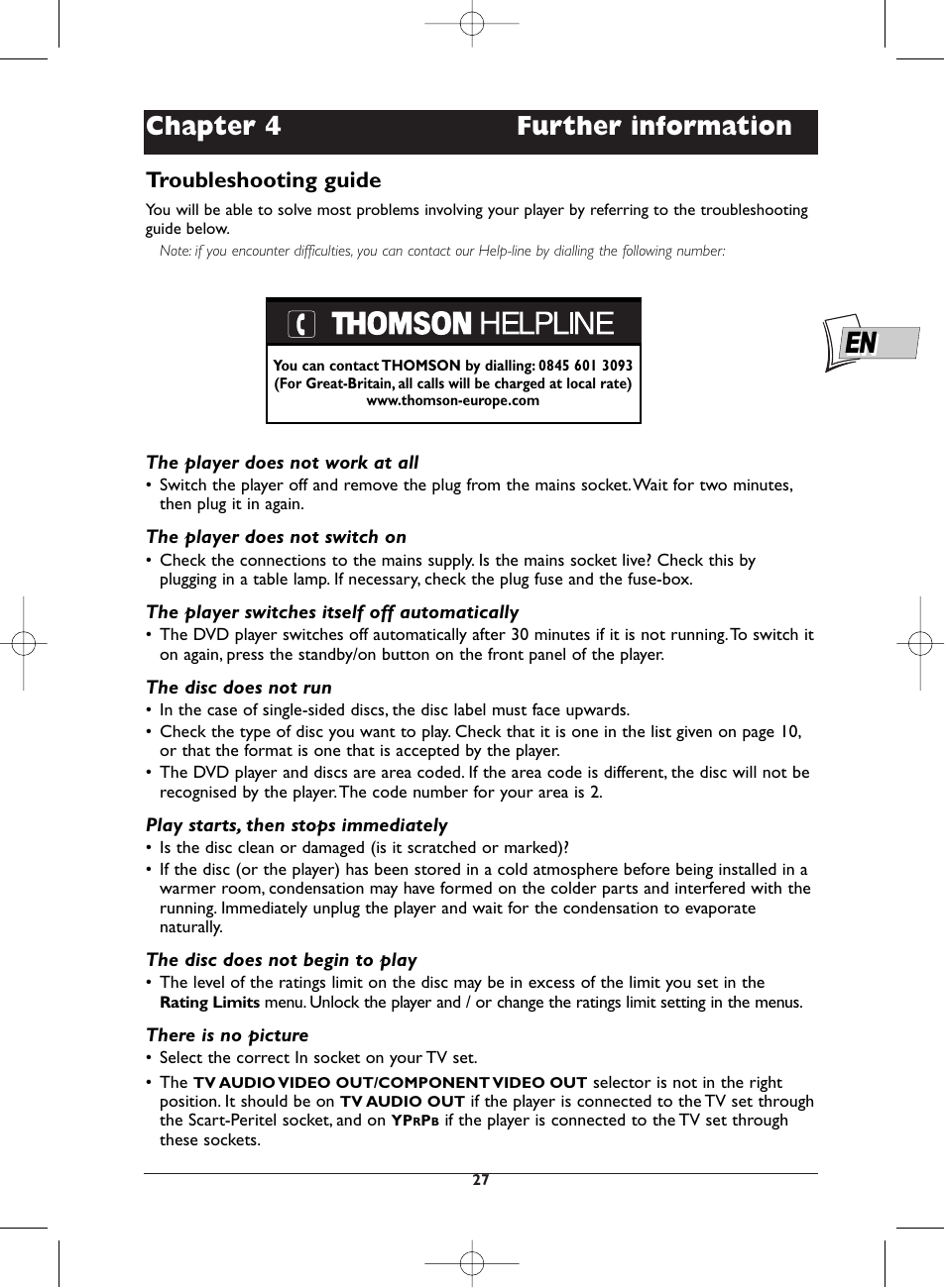 Chapter 4 further information, Troubleshooting guide | Technicolor - Thomson DTH231 User Manual | Page 27 / 31