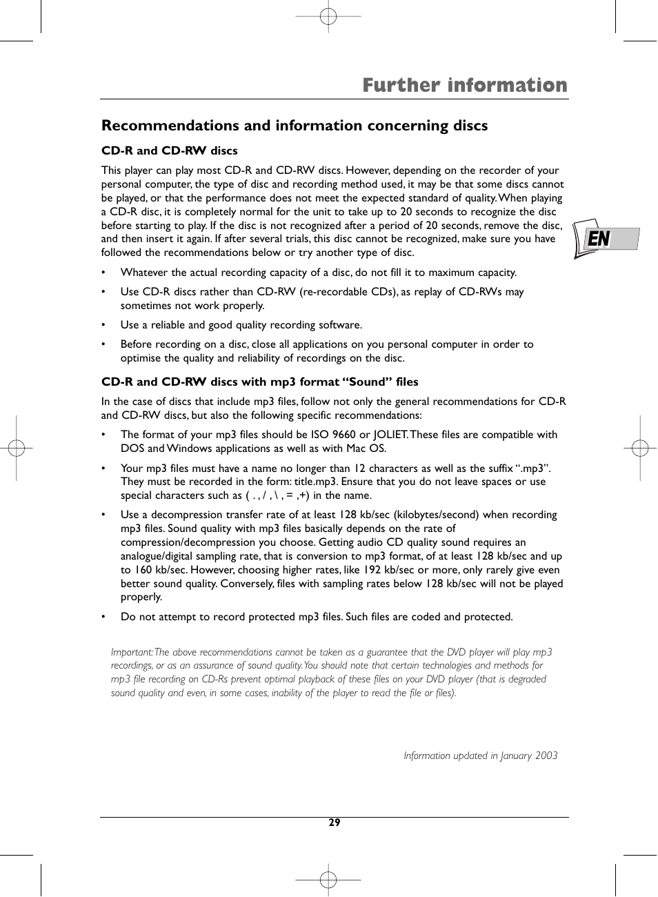 Further information, Recommendations and information concerning discs | Technicolor - Thomson DTH231 User Manual | Page 29 / 31