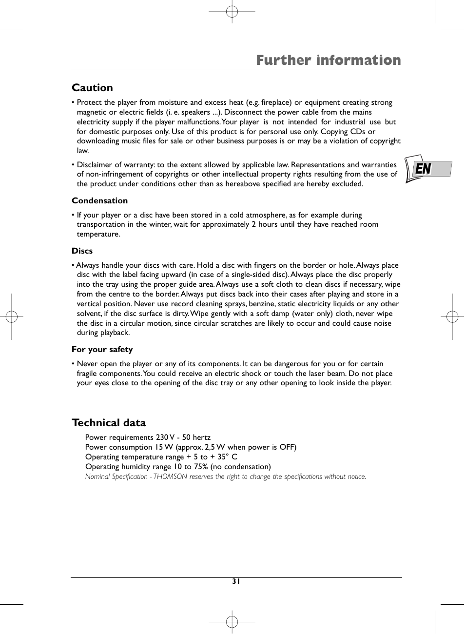 Further information, Caution, Technical data | Technicolor - Thomson DTH231 User Manual | Page 31 / 31