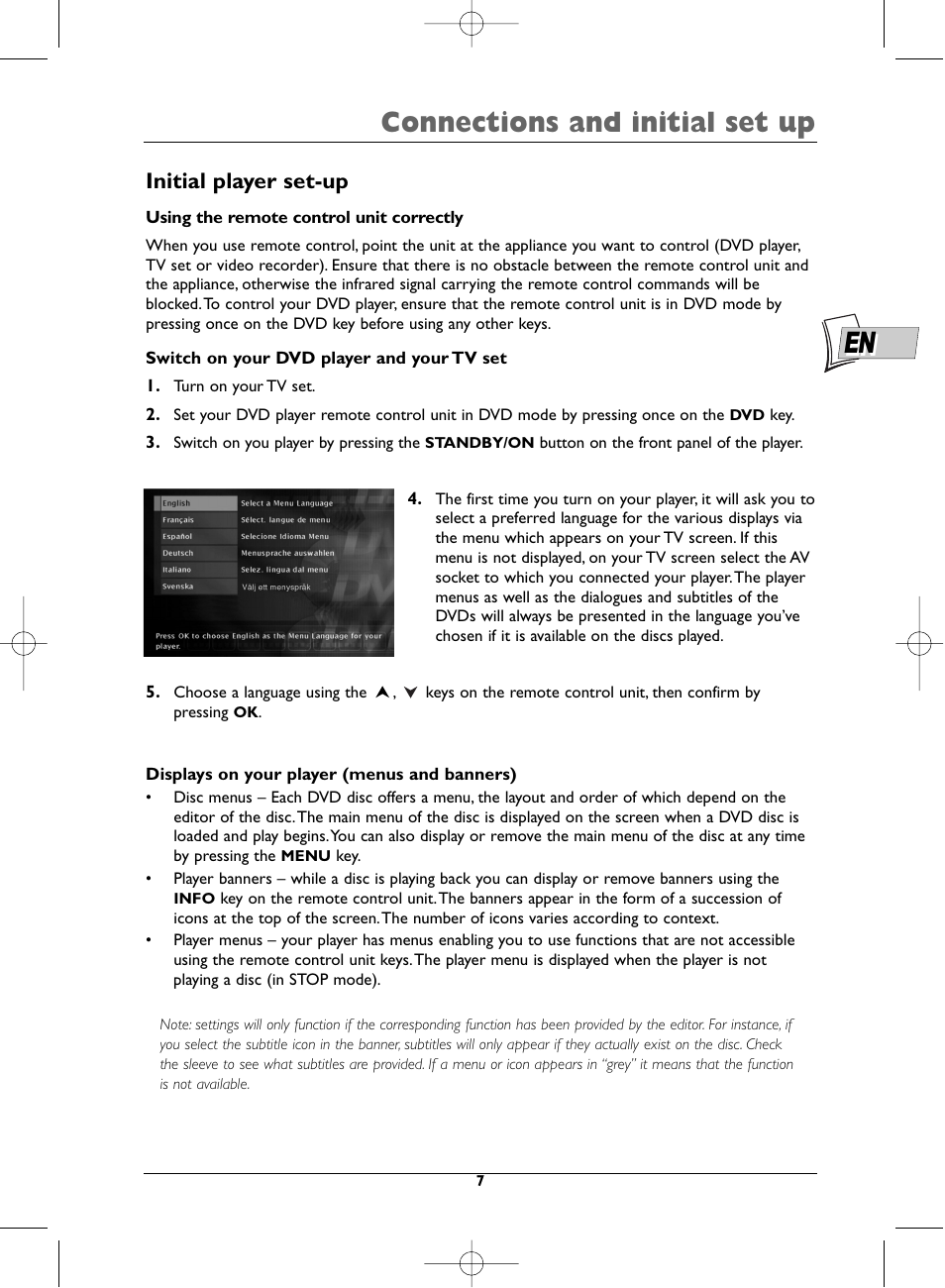 Connections and initial set up, Initial player set-up | Technicolor - Thomson DTH231 User Manual | Page 7 / 31