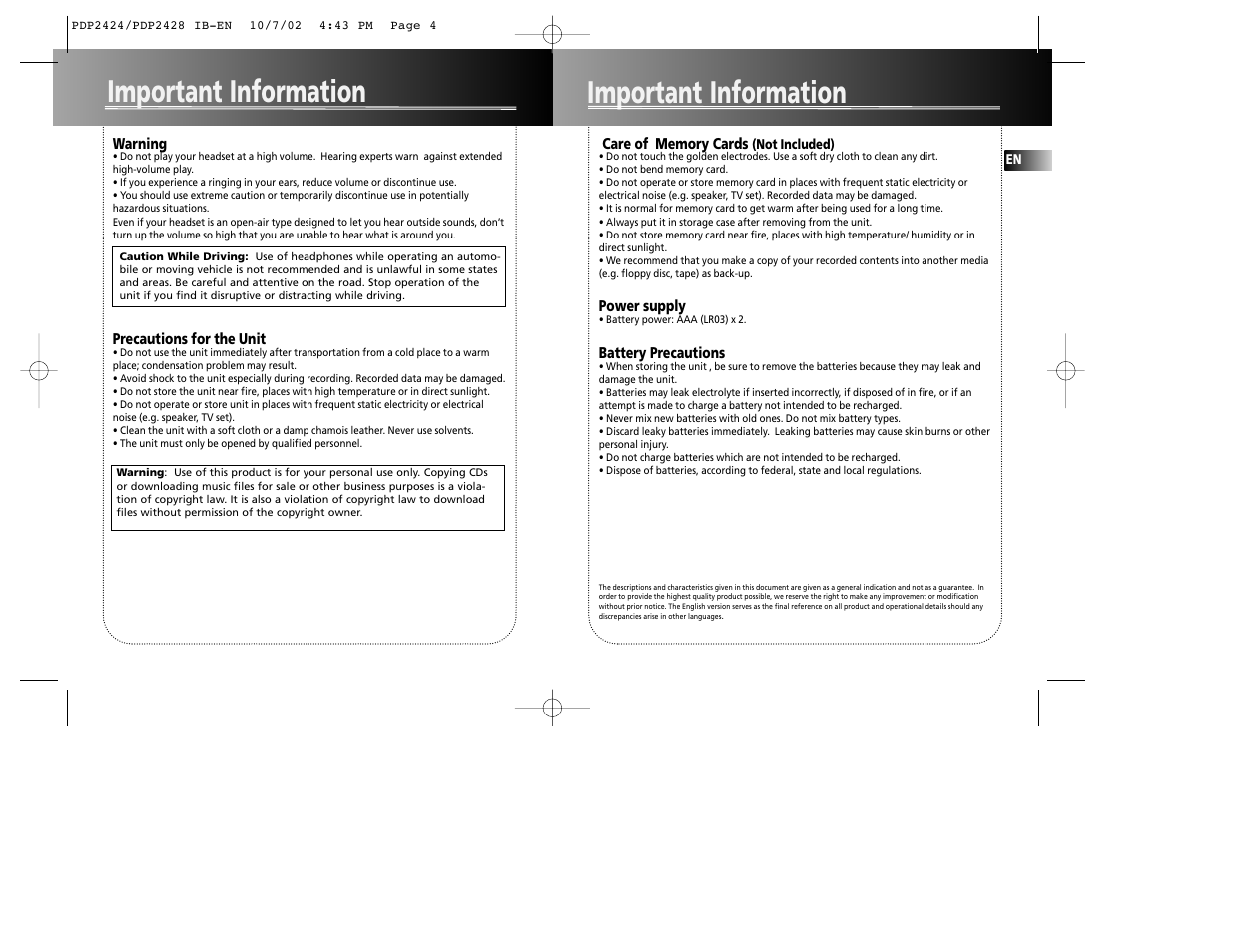 Important information | Technicolor - Thomson Thomson Lyra PDP2424 User Manual | Page 3 / 9