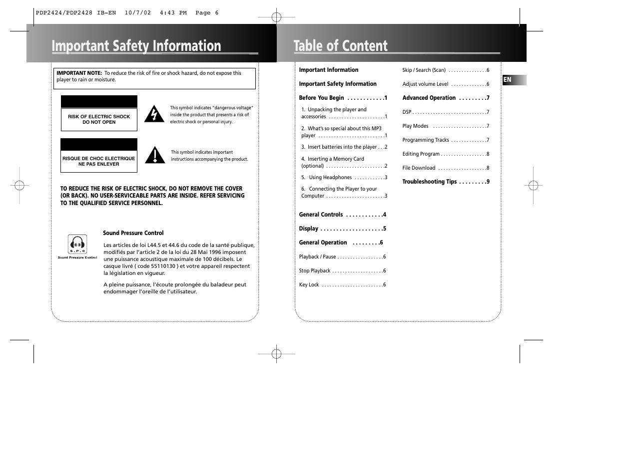 Table of content important safety information, Caution, Attention | Technicolor - Thomson Thomson Lyra PDP2424 User Manual | Page 4 / 9