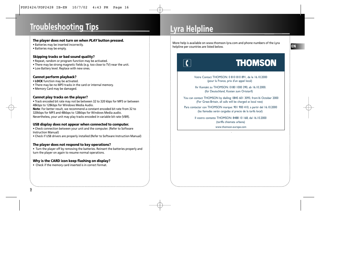 Troubleshooting tips, Helpline lyra helpline | Technicolor - Thomson Thomson Lyra PDP2424 User Manual | Page 9 / 9