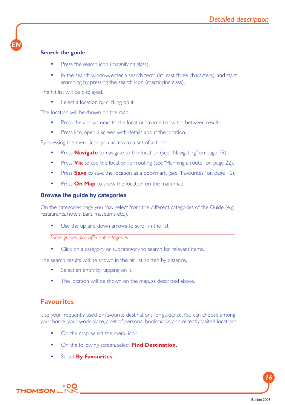 Favourites, Detailed description | Technicolor - Thomson Thomson Intuiva GPS280 User Manual | Page 17 / 109