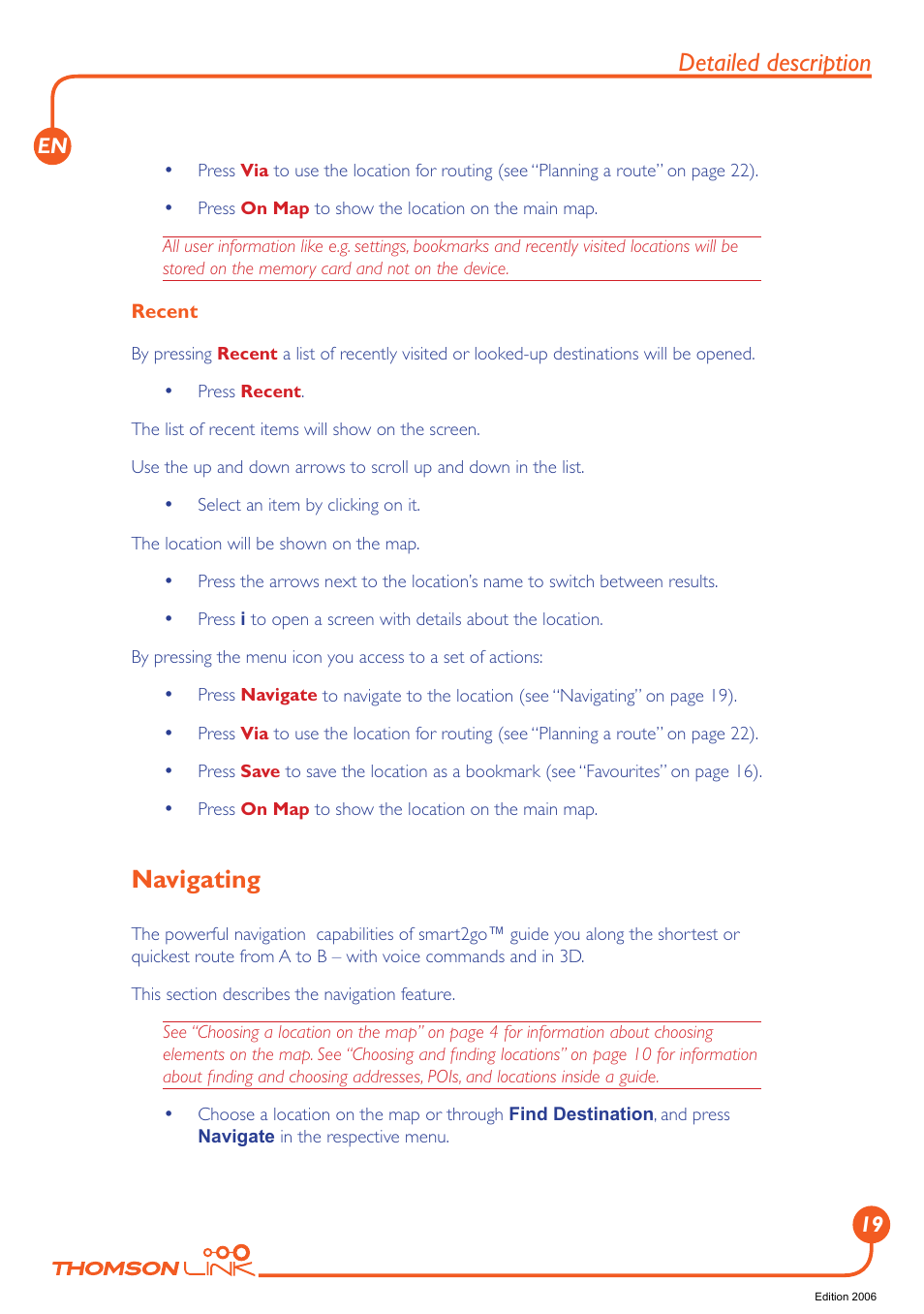 Navigating, Detailed description | Technicolor - Thomson Thomson Intuiva GPS280 User Manual | Page 20 / 109