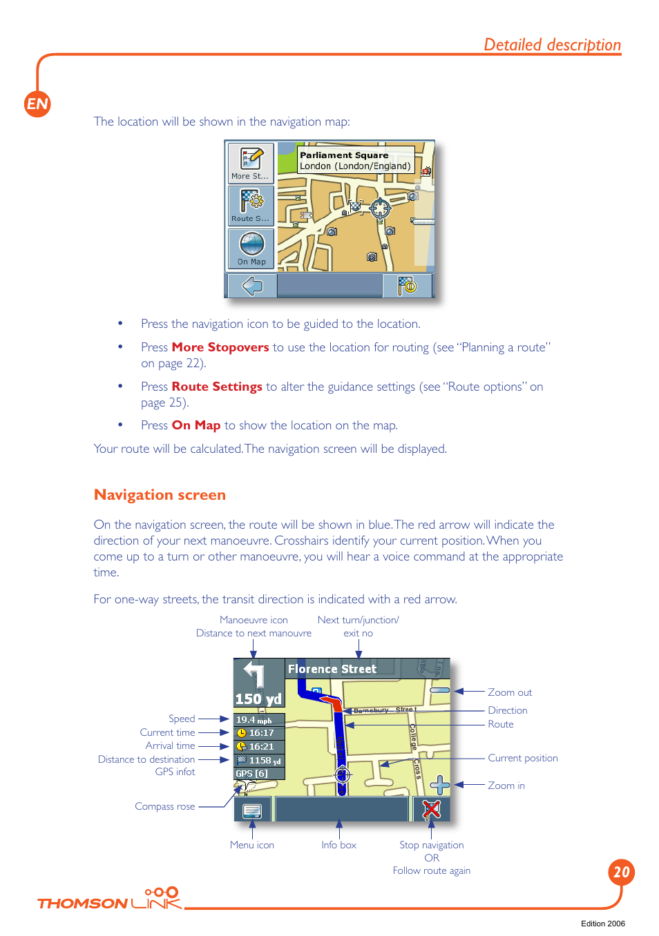 Navigation screen, Detailed description, En 20 | Technicolor - Thomson Thomson Intuiva GPS280 User Manual | Page 21 / 109