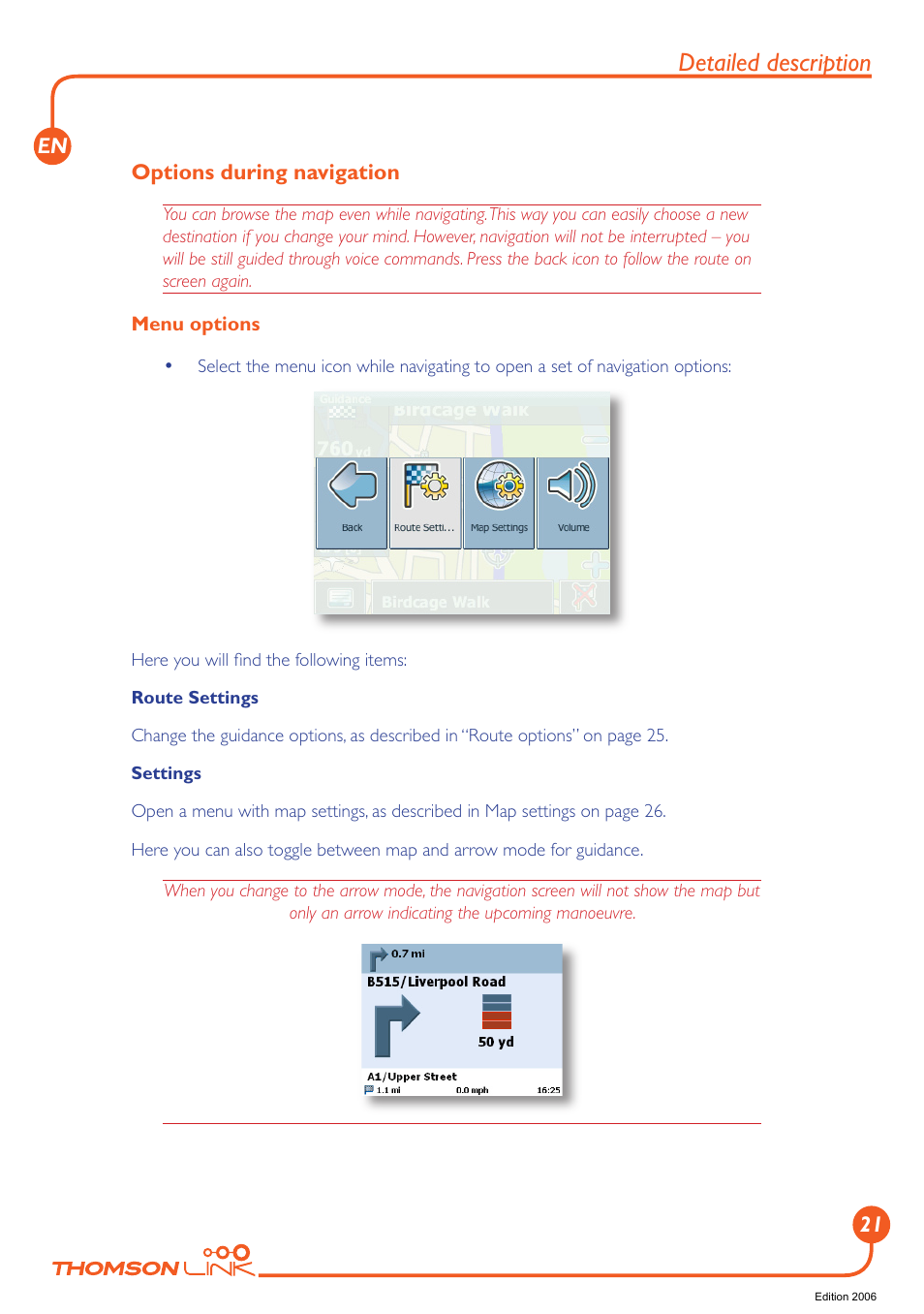 Options during navigation, Detailed description | Technicolor - Thomson Thomson Intuiva GPS280 User Manual | Page 22 / 109