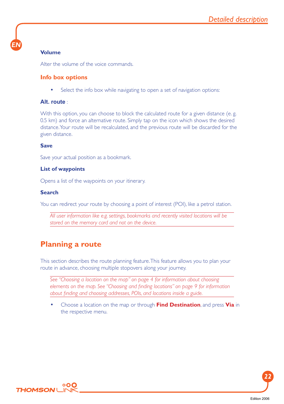 Planning a route, Detailed description | Technicolor - Thomson Thomson Intuiva GPS280 User Manual | Page 23 / 109