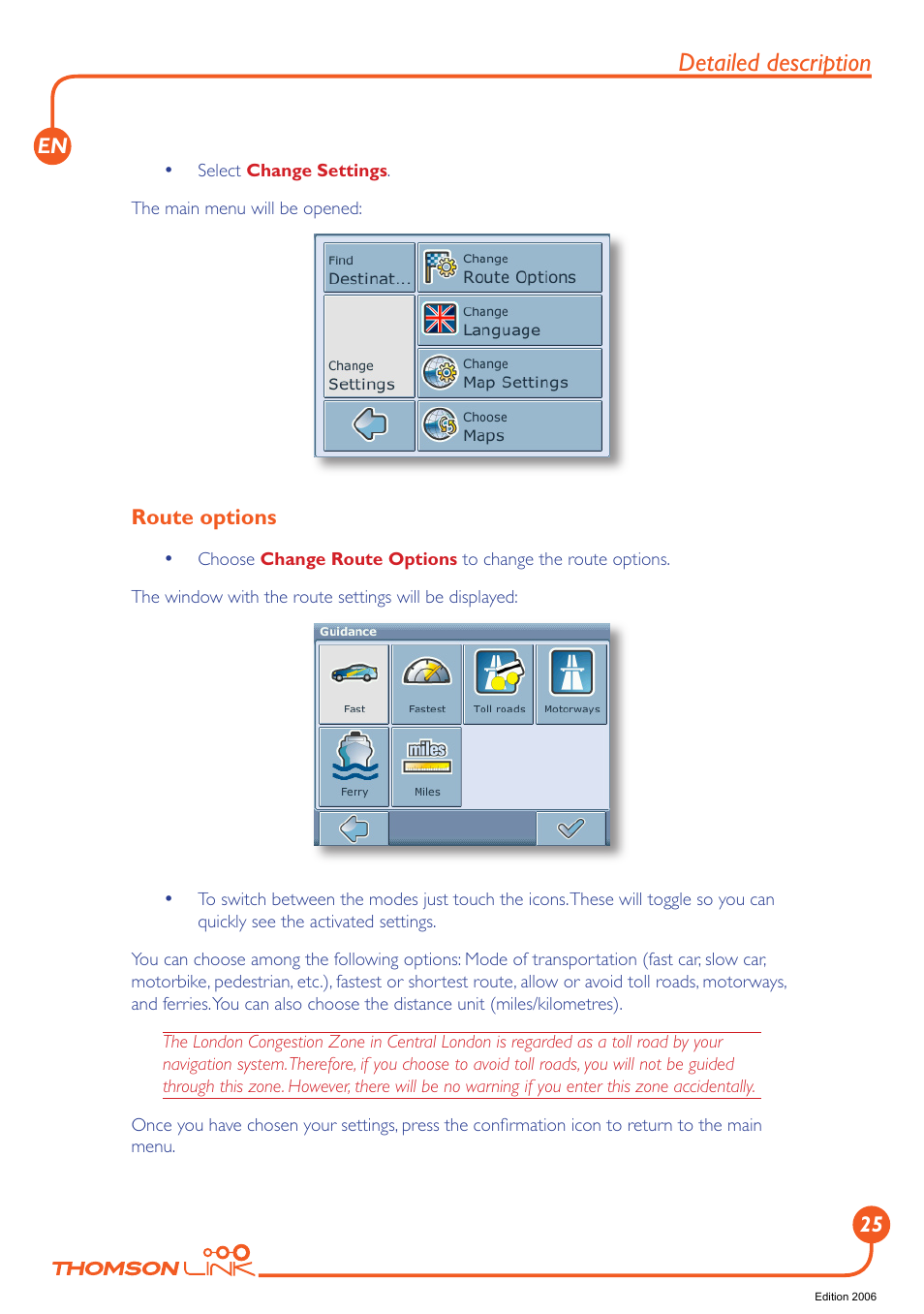 Route options, Detailed description | Technicolor - Thomson Thomson Intuiva GPS280 User Manual | Page 26 / 109