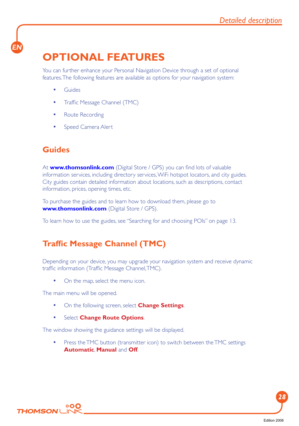Optional features, Guides, Traffic message channel (tmc) | Guides trafﬁc message channel (tmc), Trafﬁc message channel (tmc), Detailed description | Technicolor - Thomson Thomson Intuiva GPS280 User Manual | Page 29 / 109