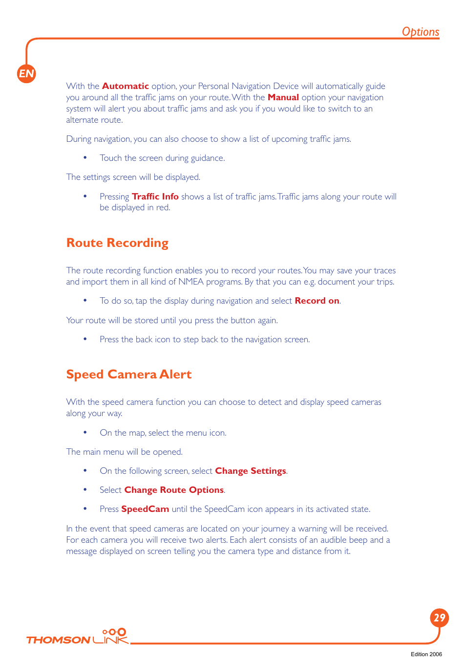 Route recording, Speed camera alert, Route recording speed camera alert | Options | Technicolor - Thomson Thomson Intuiva GPS280 User Manual | Page 30 / 109