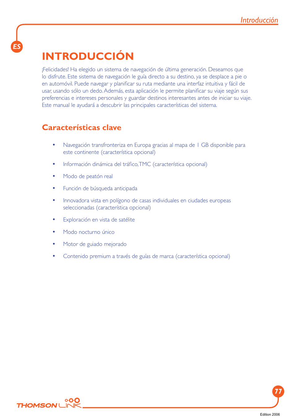 Introducción, Características clave | Technicolor - Thomson Thomson Intuiva GPS280 User Manual | Page 78 / 109