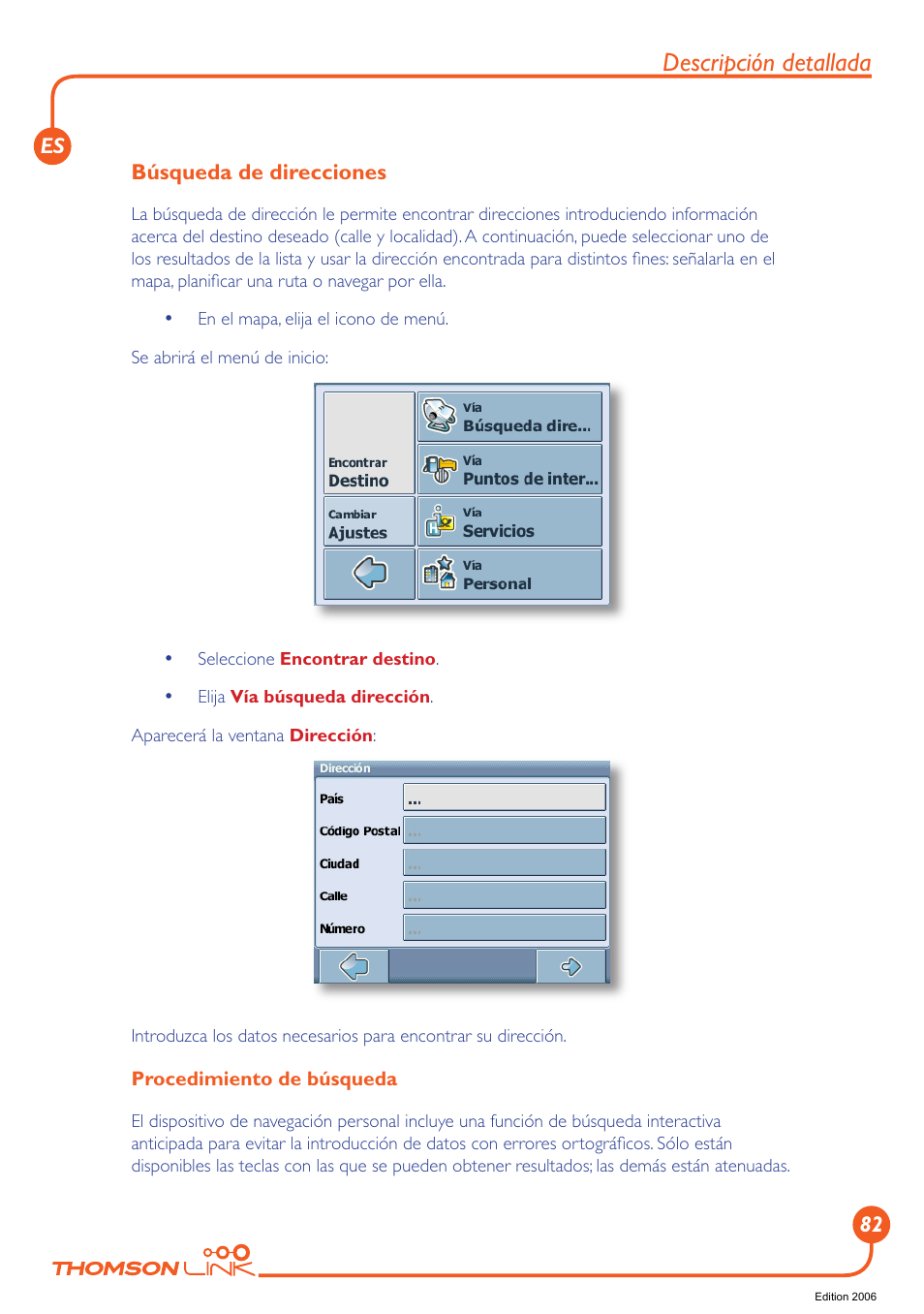 Búsqueda de direcciones, Descripción detallada | Technicolor - Thomson Thomson Intuiva GPS280 User Manual | Page 83 / 109
